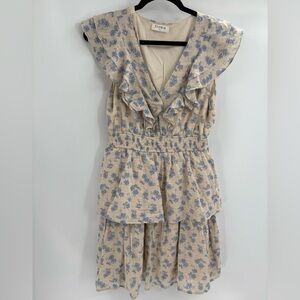 Storia boho short sleeve floral beige ruffle smocked preppy midi dress sz medium